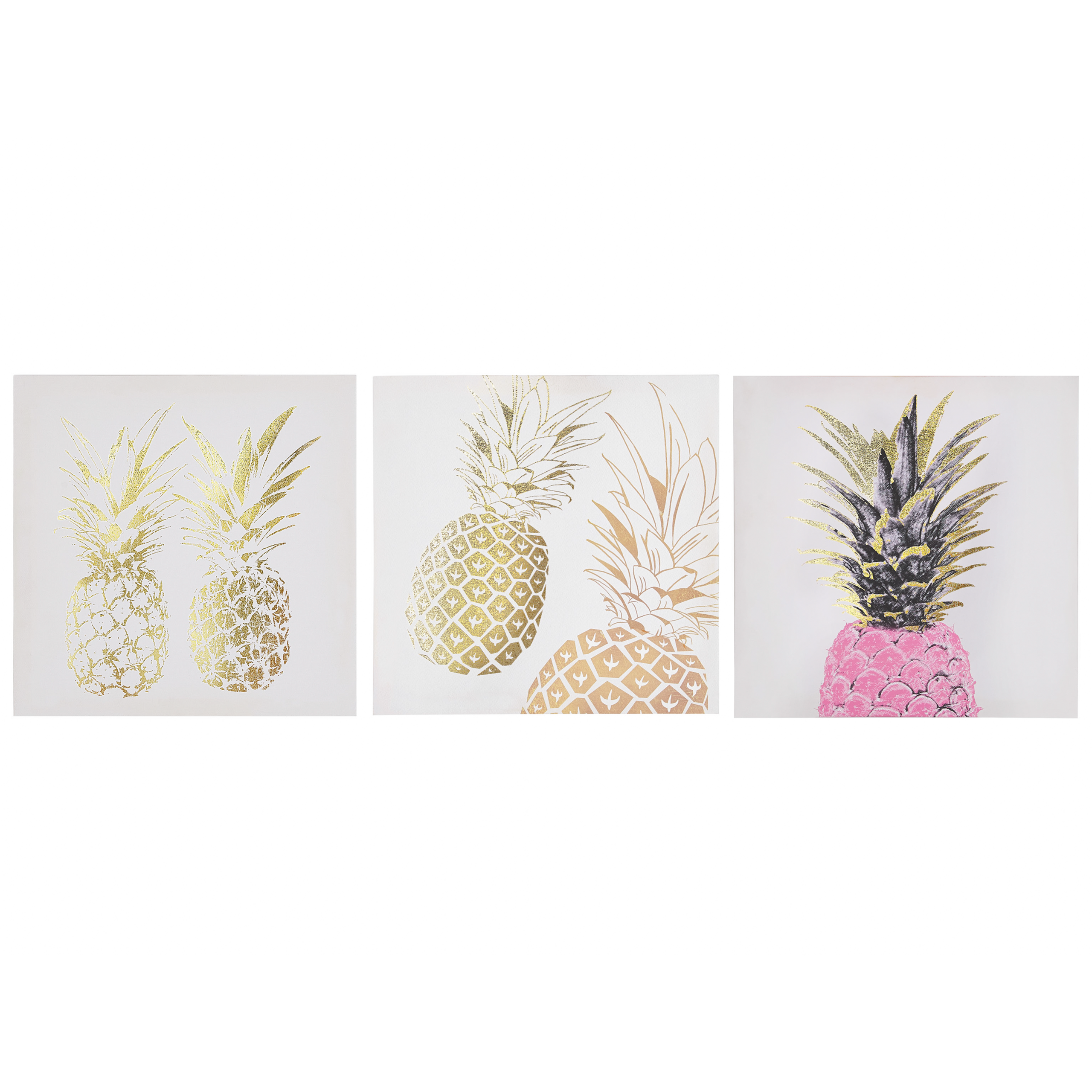 Beliani Set of 3 Canvas Prints Gold and Pink 30 x 30 cm Pineapple Wall Art Nylon