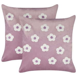 Beliani Set of 2 Scatter Cushions Violet Velvet Polyester Fabric Flowers Pattern 45 x 45 cm Pillows for Kids Material:Velvet Size:45x7x45