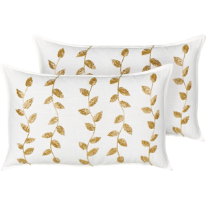 Beliani Set of 2 Scatter Cushions White and Gold Cotton 30 x 50 cm Rectangular Handmade Throw Pillow Embroidered Leaves Pattern Flower Motif Removable Cover Material:Cotton Size:50x7x30