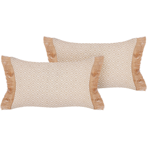 Beliani Set of 2 Beige Decorative Pillows Polyester 30 x 50 cm with Tassels Geometric Pattern Modern Traditional Living Room Bedroom Cushions Material:Polyester Size:50x7x30