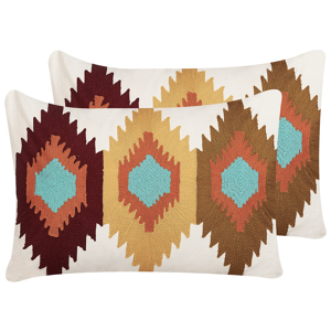 Beliani Set of 2 Scatter Cushions Multicolour Cotton Wool 40 x 60 cm Geometric Pattern Handmade Embroidered Removable Cover with Filling Boho Style Material:Cotton Size:60x10x40