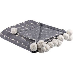 Beliani Blanket Grey Cotton 125 x 150 cm Decorative Throw with Pom Poms Checked Cover Home Accessory Material:Cotton Size:x0.3x125