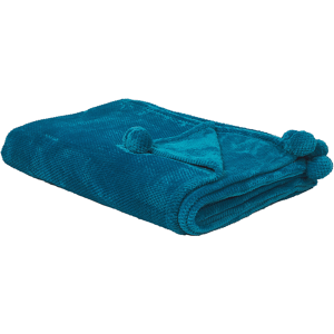 Beliani Blanket Blue Throw 200 x 220 with Pom Poms Soft Coverlet Material:Polyester Size:x2x200