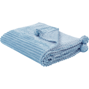 Beliani Blanket Blue Polyester 150 x 200 cm Ribbed Structure with Pom-Poms Throw Bedding Material:Polyester Size:x0.5x150