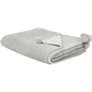 Beliani Blanket Light Grey Throw 150 x 200 with Pom Poms Soft Coverlet Material:Polyester Size:x2x200