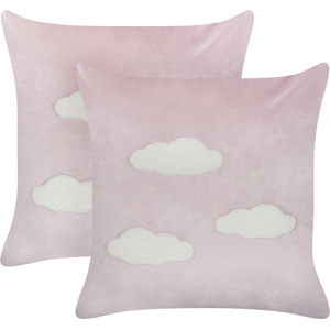 Beliani Set of 2 Scatter Cushions Pink Velvet Polyester Fabric Clouds Pattern 45 x 45 cm Pillows for Kids Material:Velvet Size:45x7x45