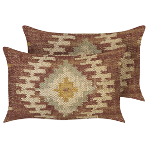 Beliani Set of 2 Scatter Cushions Multicolour Jute Cotton 30 x 50 cm Geometric Pattern Handmade Removable Cover with Filling Material:Jute Size:50x10x30