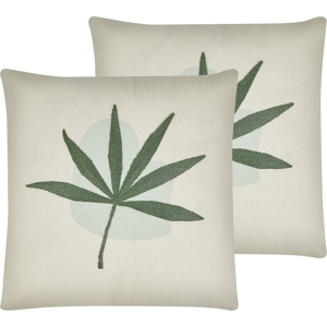 Beliani Set of 2 Decorative Throw Cushions Green Polyester Cotton 45 x 45 cm Boho Embroidered Leaf Motif Living Room Bedroom Material:Polyester Size:45x12x45