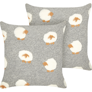 Beliani Set of 2 Scatter Cushions Grey Polyester Fabric Animal Sheep Pattern 45 x 45 cm Pillows for Kids Material:Polyester Size:45x7x45