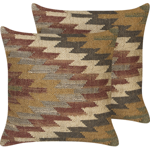 Beliani Set of 2 Scatter Cushions Multicolour Jute Cotton 45 x 45 cm Geometric Pattern Handmade Removable Cover with Filling Material:Jute Size:45x10x45