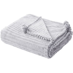 Beliani Blanket Light Grey Polyester 150 x 200 cm Ribbed Structure with Pom-Poms Throw Bedding Material:Polyester Size:x0.5x150