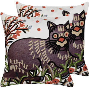 Beliani Set of 2 Scatter Cushions Multicolour Cotton Wool 50 x 50 cm Cat Motif Handmade Embroidered Removable Cover with Filling Boho Style Material:Cotton Size:50x10x50