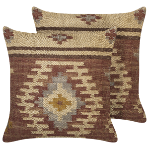 Beliani Set of 2 Scatter Cushions Multicolour Jute Cotton 45 x 45 cm Geometric Pattern Handmade Removable Cover with Filling Material:Jute Size:45x10x45