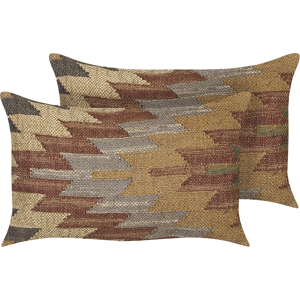 Beliani Set of 2 Scatter Cushions Multicolour Jute Cotton 30 x 50 cm Geometric Pattern Handmade Removable Cover with Filling Material:Jute Size:50x10x30