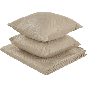 Beliani Bedspread Taupe Polyester Fabric 140 x 210 cm with Cushions Embossed Pattern Decorative Throw Bedding Classic Design Bedroom Material:Polyester Size:x0.6x140