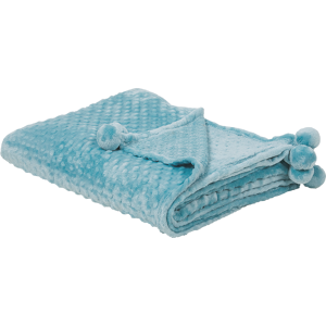 Beliani Blanket Light Blue Throw 150 x 200 with Pom Poms Popcorn Texture Soft Coverlet Material:Polyester Size:x2x150