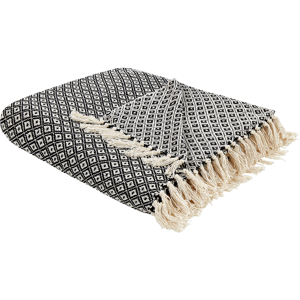 Beliani Blanket Black and White Cotton Geometric Pattern 220 x 240 cm Bed Throw Traditional Living Room Bedroom Material:Cotton Size:x0.5x220