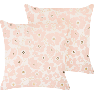 Beliani Set of 2 Scatter Cushions Beige and Pink Velvet 45 x 45 cm Throw Pillow Floral Pattern Flower Motif Removable Cover with Filling Material:Velvet Size:45x10x45