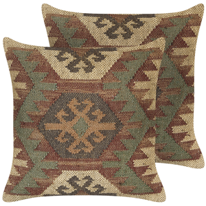 Beliani Set of 2 Scatter Cushions Multicolour Jute Cotton 45 x 45 cm Geometric Pattern Handmade Removable Cover with Filling Material:Jute Size:45x10x45