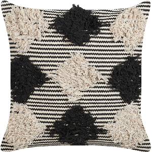 Beliani Scatter Cushion Beige and Black Cotton 50 x 50 cm Geometric Pattern Handwoven Removable Cover with Filling Material:Cotton Size:50x10x50