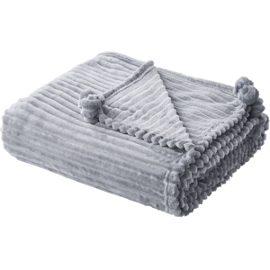 Beliani Blanket Grey Polyester 150 x 200 cm Ribbed Structure with Pom-Poms Throw Bedding Material:Polyester Size:x0.5x150