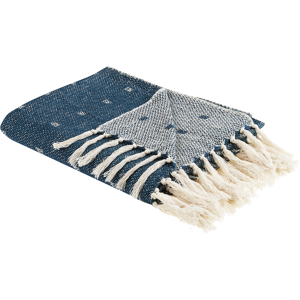 Beliani Blanket Dark Blue Cotton Acrylic 130 x 170 cm Geometric Pattern Tassels Boho Style Living Room Bedroom Accent Piece Material:Cotton Size:x0.3x130