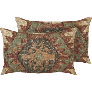 Beliani Set of 2 Scatter Cushions Multicolour Jute Cotton 30 x 50 cm Geometric Pattern Handmade Removable Cover with Filling Material:Jute Size:50x10x30