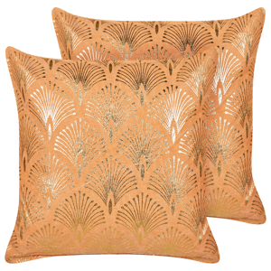 Beliani Set of 2 Scatter Cushions Orange Cotton 45 x 45 cm Geometric Gold Pattern Handmade Removable Cover with Filling Modern Style Material:Cotton Size:45x6x45