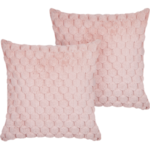 Beliani Set of 2 Scatter Cushions Pastel Pink Faux Fur 43 x 43 cm Fluffy Throw Pillow Honeycomb Geometric Pattern Removable Cover with Filling Material:Faux Fur Size:43x10x43