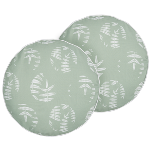 Beliani Set of 2 Garden Cushions Green Polyester ⌀ 40 cm Round Leaf Pattern Motif Modern Design Throw Scatter Pillow Material:Polyester Size:40x10x40