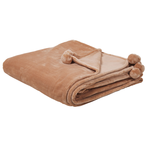 Beliani Blanket Brown Throw 200 x 220 with Pom Poms Soft Coverlet Bedspread Material:Polyester Size:x2x200