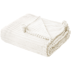 Beliani Blanket Cream Polyester 150 x 200 cm Ribbed Structure with Pom-Poms Throw Bedding Material:Polyester Size:x0.5x150