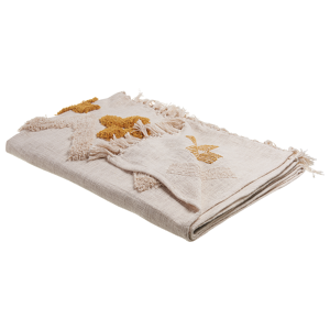 Beliani Blanket Beige and Yellow Cotton 130 x 180 cm Bed Throw Abstract Pattern Fringes Bedroom Living Room Material:Cotton Size:x1x130