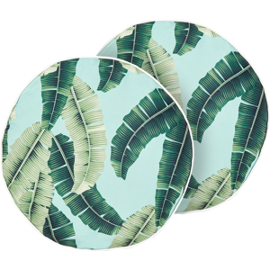 Beliani Set of 2 Garden Cushions Green Polyester ⌀ 40 cm Round Leaf Pattern Motif Modern Design Throw Scatter Pillow Material:Polyester Size:40x10x40