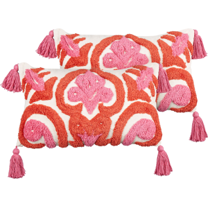 Beliani Set of 2 Decorative Cushions Pink Red White Cotton 30 x 50 cm with Tassels Rectangular Modern Pillow Boho Decor Accessories Material:Cotton Size:30x4x50