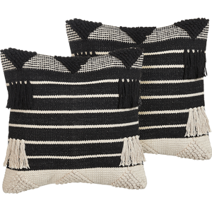 Beliani Set of 2 Scatter Cushions Beige and Black Cotton 50 x 50 cm Geometric Pattern Tassels Handwoven Removable Cover with Filling Material:Cotton Size:50x10x50