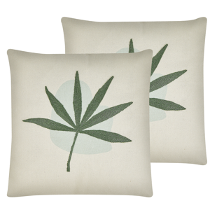 Beliani Set of 2 Decorative Throw Cushions Green Polyester Cotton 45 x 45 cm Boho Embroidered Leaf Motif Living Room Bedroom Material:Polyester Size:45x12x45