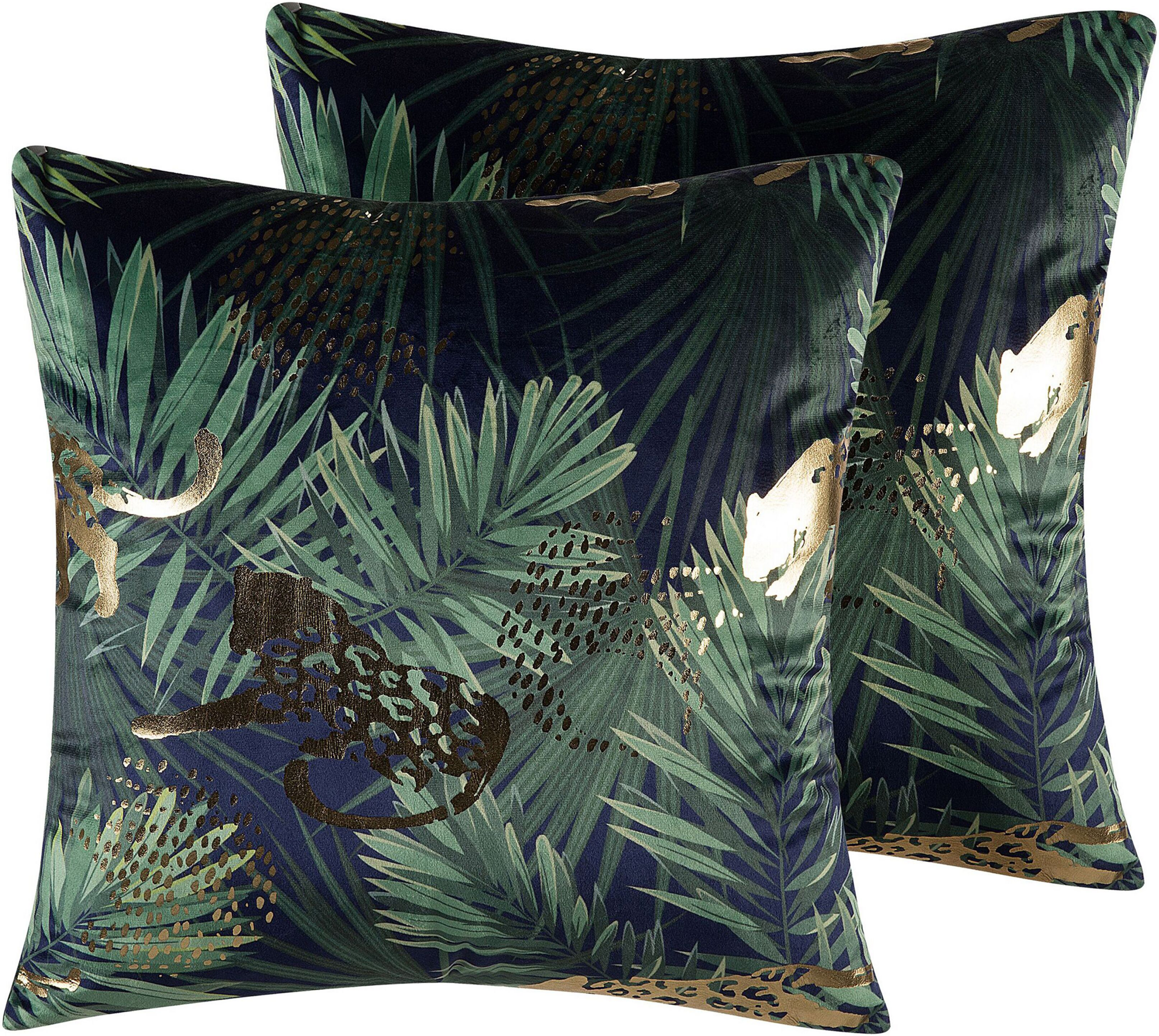 Beliani Set of 2 Decorative Cushions Green Velvet Palm Leaf Floral Pattern 45 x 45 cm Animal Foil Print Modern Retro Decor Accessories