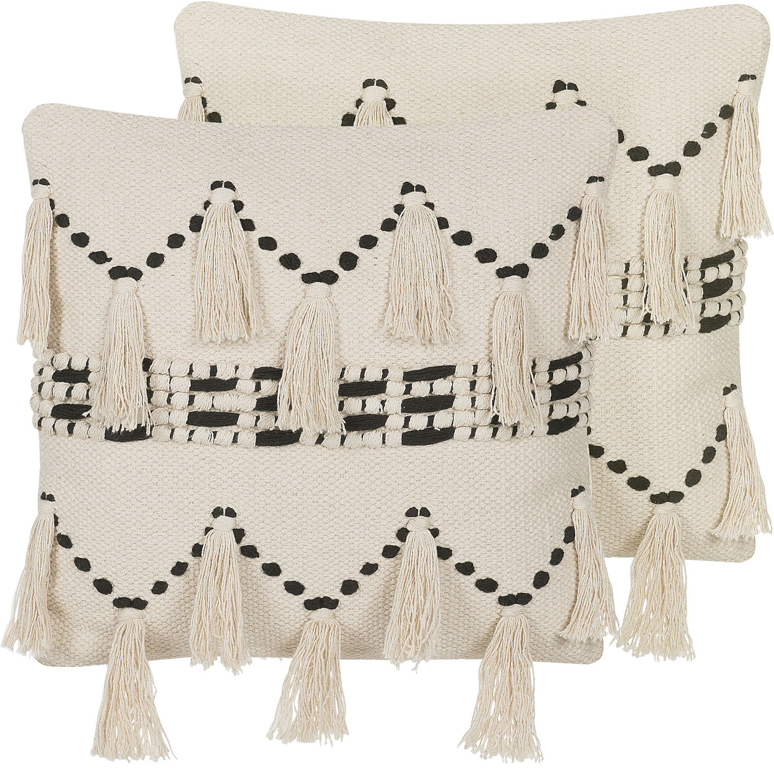 Beliani Set of 2 Decorative Cushions Beige Cotton 45 x 45 cm With Tassels Boho Decor