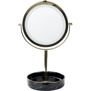 Beliani Makeup Mirror Gold and Black Iron Metal Frame Ceramic Base ø 26 cm with LED Light 1x/5x Magnification Double Sided Material:Iron Size:15x34x20