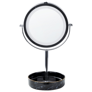 Beliani Makeup Mirror Silver and Black Iron Metal Frame Ceramic Base ø 26 cm with LED Light 1x/5x Magnification Double Sided Material:Iron Size:15x34x20