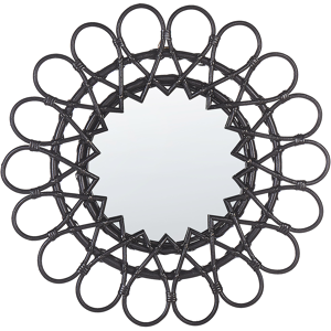 Beliani Wall Mirror Black Rattan Frame ø 60 cm Modern Sunburst Design Hanging Living Room Decoration Material:Rattan Size:3x60x60