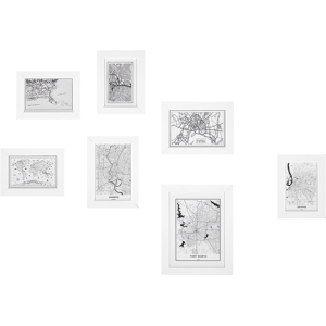 Beliani Set of 7 Framed Maps White Various Sizes Retro Hooks Gallery Living Room Wall Mounted Material:MDF Size:xx