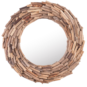 Beliani Decorative Wall Mirror Light Wood ø 56 cm Round Frame Rustic Style Material:Wood Size:7x56x56