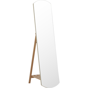 Beliani Standing Mirror Light Wood Glass MDF 50 x 150 cm with Shelf Stand Decorative Frame Modern Design  Material:Pine Wood Size:47x150x35