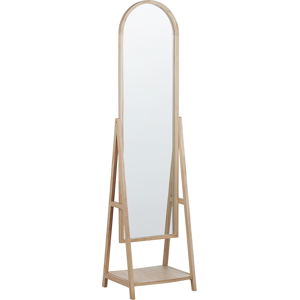 Beliani Standing Mirror Light Wood Frame 43 x 170 cm with Shelf Modern Design Framed Full Length Material:Paulownia Wood Size:57x170x43