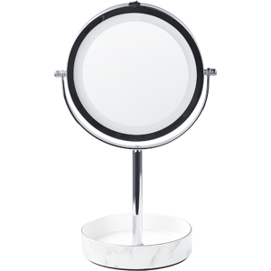 Beliani Makeup Mirror Silver and White Iron Metal Frame Ceramic Base ø 26 cm with LED Light 1x/5x Magnification Double Sided Material:Iron Size:15x34x20