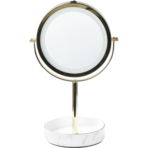 Beliani Makeup Mirror Gold and White Iron Metal Frame Ceramic Base ø 26 cm with LED Light 1x/5x Magnification Double Sided Material:Iron Size:15x34x20