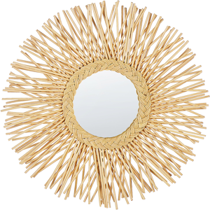 Beliani Wall Mirror Natural Rattan Frame ø 60 cm Modern Sunburst Braid Design Hanging Living Room Decoration Material:Rattan Size:3x60x60