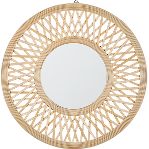 Beliani Wall Mirror Light Wood Bamboo Round 60 cm Handmade Frame White Geometric Diamond Pattern Boho Rustic Material:Bamboo Wood Size:3x60x60